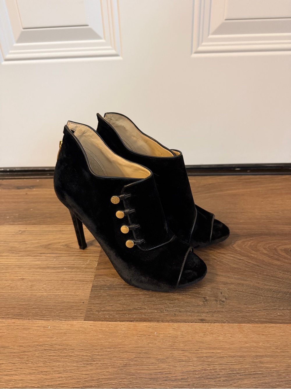 Guess Black Velvet Peep-Toe Ankle Booties with Gold Buttons
